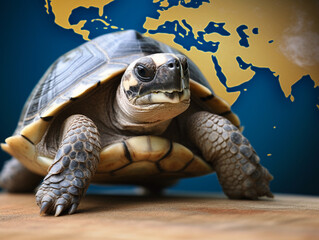 Turtle closeup on world map background as illustration for Turtle Day. Generative AI