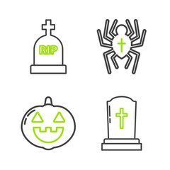 Set line Tombstone with cross, Pumpkin, Spider and RIP icon. Vector