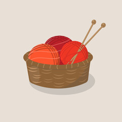Wicker basket with balls of  red yarn and knitting needles. Cartoon vector illustration.