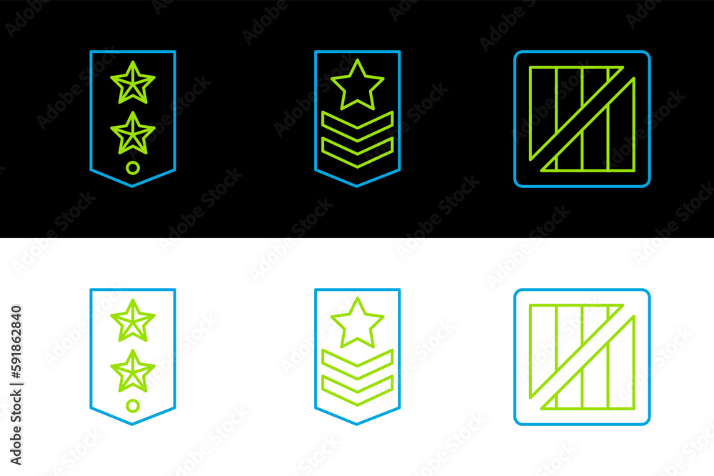 Sticker set line military ammunition box, chevron and icon. vector