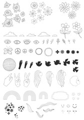 Groovy boho sun stars gradient elements 70s peace love wave hippie line colouring page