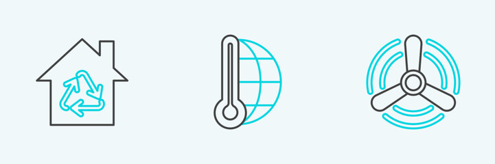 Set line Wind turbine, Eco House with recycling symbol and Meteorology thermometer measuring icon. Vector