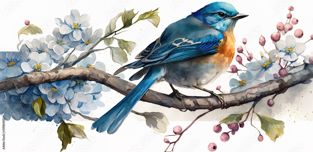 Poster tree in the springtime that has a bluebird perched on its limb generative ai