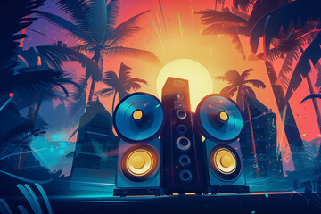 Ultra wide angle view of massive modern party speakers at a hot summer vacation dance party, surrounded by palm trees during sunset - perfect for club, live music, and dance events. Generative AI - obrazy, fototapety, plakaty