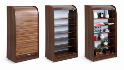 Shelving unit with books and decor different angle isolated on white background 