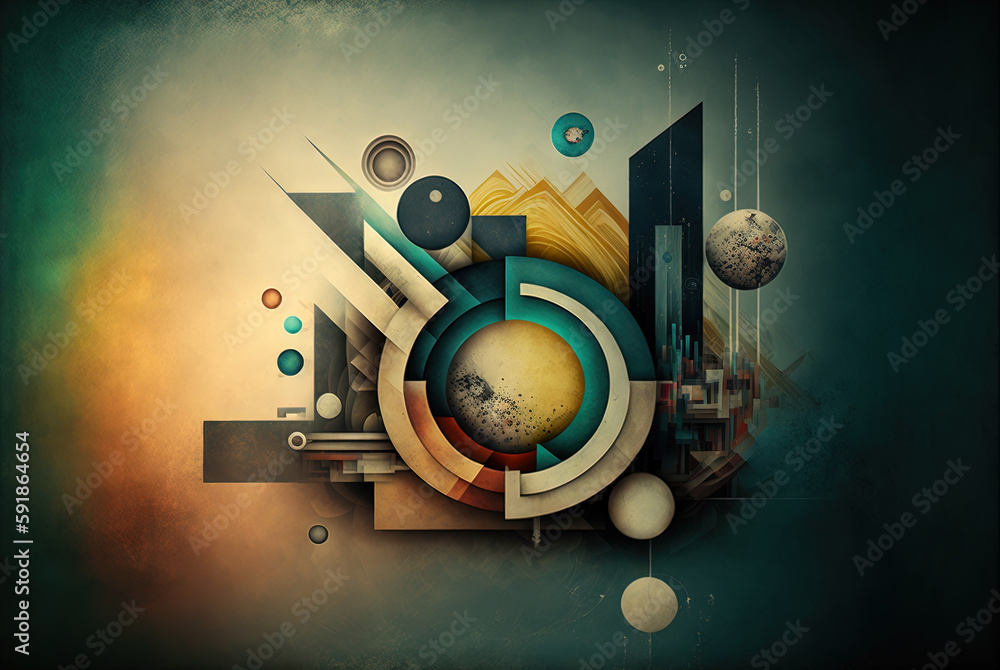 Poster Abstract shapes retro composition in 20s avantrgarde or futurism style. Retro background with surreal mindbending figures. Generated AI.