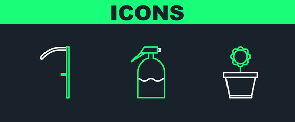 Set line Flower in pot, Scythe and Garden sprayer icon. Vector