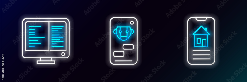 Poster set line smart home, computer monitor screen and bot icon. glowing neon. vector