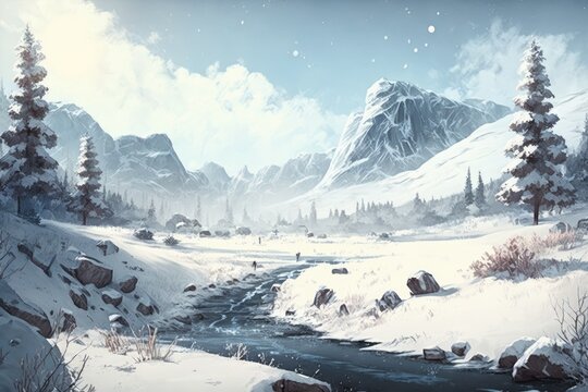 serene winter landscape with a snow-covered mountain and a flowing stream. Generative AI