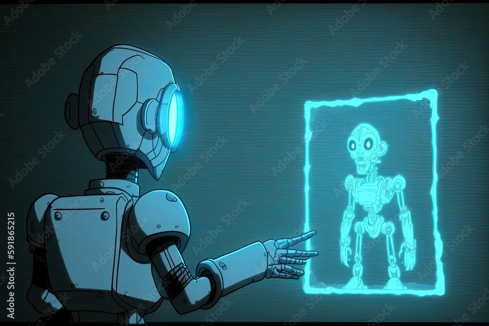 Poster robot pointing at a glowing skeleton in a futuristic setting. generative ai