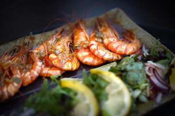 Close-up top view of grilled shrimps, appetizing, vibrant colors, seafood delight, delicious and tempting