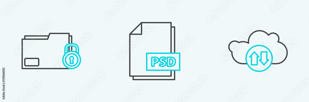 Poster set line cloud download and upload, folder lock and psd file document icon. vector