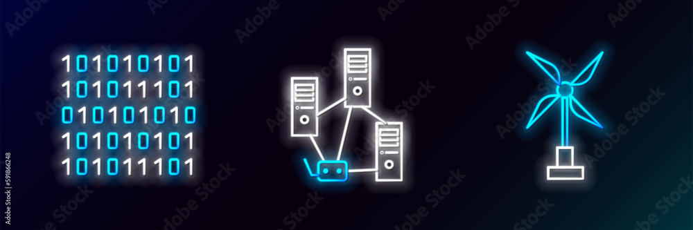 Poster set line wind turbine, binary code and computer network icon. glowing neon. vector