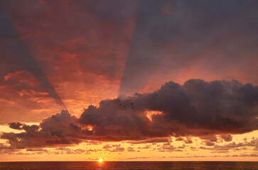 sunset with the sun beams over the sea