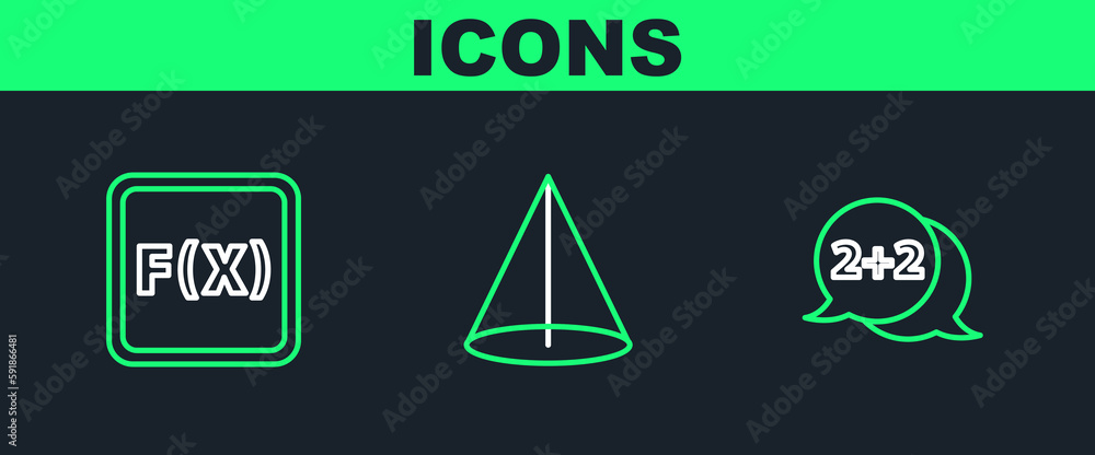 Poster set line equation solution, function mathematical symbol and geometric figure cone icon. vector