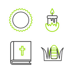 Set line Easter egg, Holy bible book, Burning candle and Sun icon. Vector