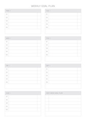 A weekly plan design template in a modern, simple, and minimalist style. Note, scheduler, diary, calendar, planner document template illustration.