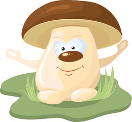 Big kind mushroom with eyes and nose and hands on green grass. Vector image on a white background.