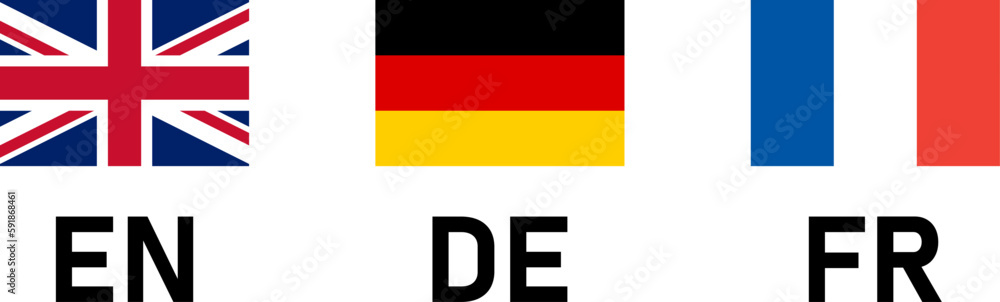 Poster rectangle flag selection button badge icon set including uk, germany and france flags with language 
