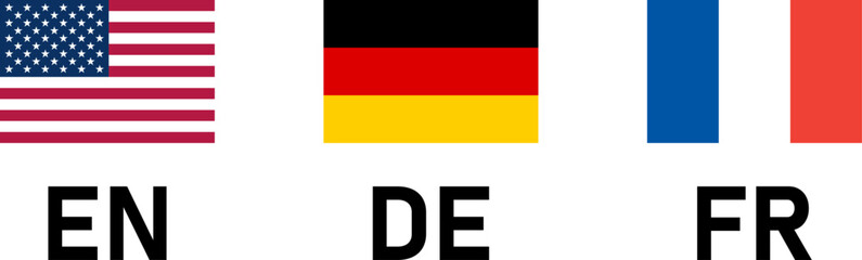 Rectangle Flag Selection Button Badge Icon Set including USA, Germany and France Flags with Language Codes for English, German and French. Vector Image.	