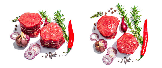Raw Ribeye steak with spices and herbs isolated on white background. Trendy hard light, dark shadow