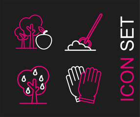 Set line Garden gloves, Tree with pears, Shovel in the ground and apple icon. Vector