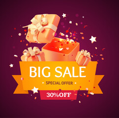 3d Big Sale Poster Banner Card Label Background Concept with Different Present Box Open View Plasticine Cartoon Style. Vector illustration - 591868888