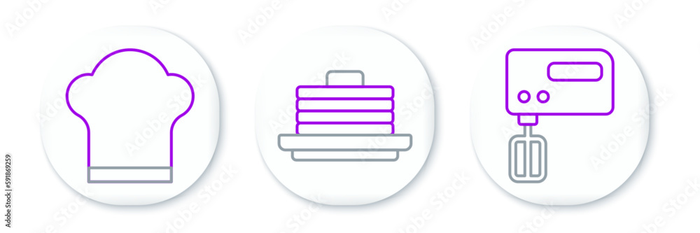 Sticker set line electric mixer, chef hat and stack of pancakes icon. vector