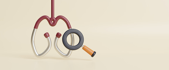 World Lung Cancer day. Lung cancer awareness background with white magnifying glass and stethoscope for diagnosis. world tuberculosis day, world no tobacco day, lung cancer, long covid, COPD,3d render