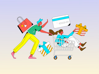 Festive Shopping E-Commerce Online Shopping People Flat Vector Concept Operation Hand Drawn Illustration
