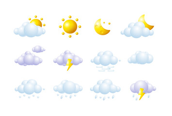 3d Weather Icon Set Plasticine Cartoon Style Include of Cloud, Sun, Snow and Moon. Vector illustration