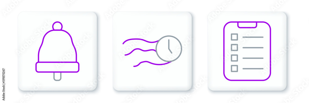 Poster set line to do list or planning, ringing bell and time flies on the clock icon. vector