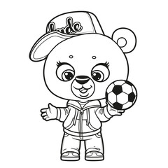 Cute cartoon bear with soccer ball outlined for coloring page on a white background
