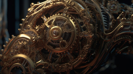 Fototapeta na wymiar Ornate golden ancient geared machine. Generative Ai.