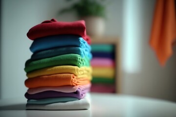 Stack of cotton and knitted colorful clothes on the table. Stacked and folded clean clothing - obrazy, fototapety, plakaty