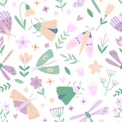 Hand drawn vector seamless pattern with  insects and flowers in pastel colors. Butterfly, beetle, dragonfly, bug, moth. Summer floral repeat background for textile, wallpaper, fabric design.