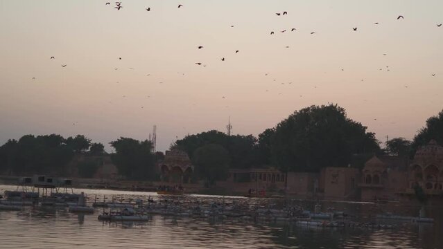 Silhouette shot of birds flying above the chattris of the Gadisar lake during sunset at Jaisalmer in Rajasthan, India. Birds flying above the lake in rajasthan during evening. 