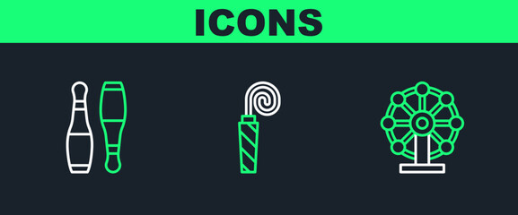 Set line Ferris wheel, Bowling pin and Birthday party horn icon. Vector