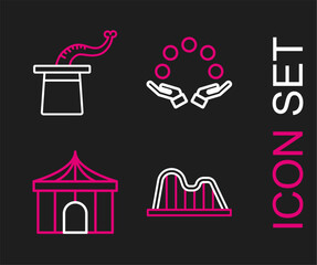 Set line Roller coaster, Circus tent, Juggling ball and Magician hat icon. Vector