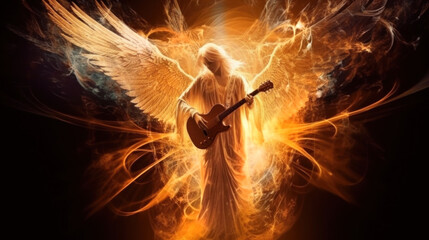 Angel with wings unfurled playing guitar with golden energy exploding behind. Generative Ai.