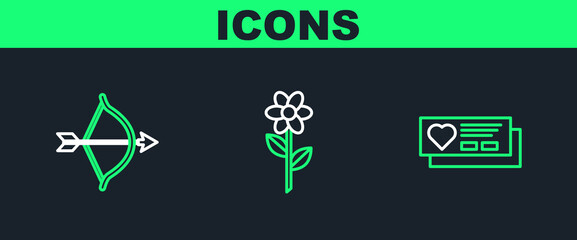 Set line Ticket with heart, Bow and arrow and Flower icon. Vector