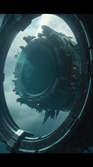 outer space, huge alien ship passing through a portal.