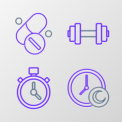 Set line Time to sleep, Stopwatch, Dumbbell and Vitamin pill icon. Vector