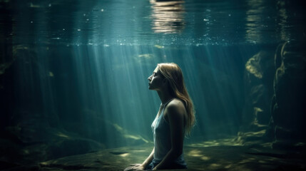Fototapeta na wymiar Woman meditating underwater. Generative ai