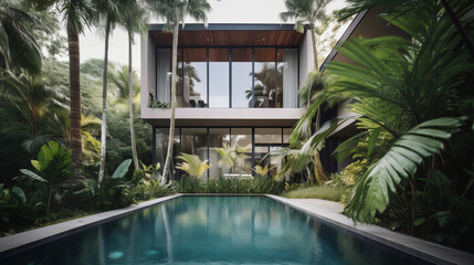 Luxurious tropical pool villa with refined architecture in a lush greenery garden. generative ai - obrazy, fototapety, plakaty