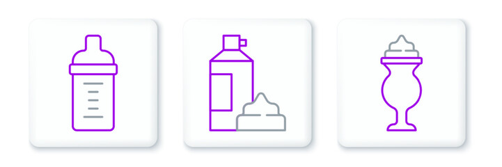 Set line Milkshake, Baby milk in bottle and Whipped cream icon. Vector