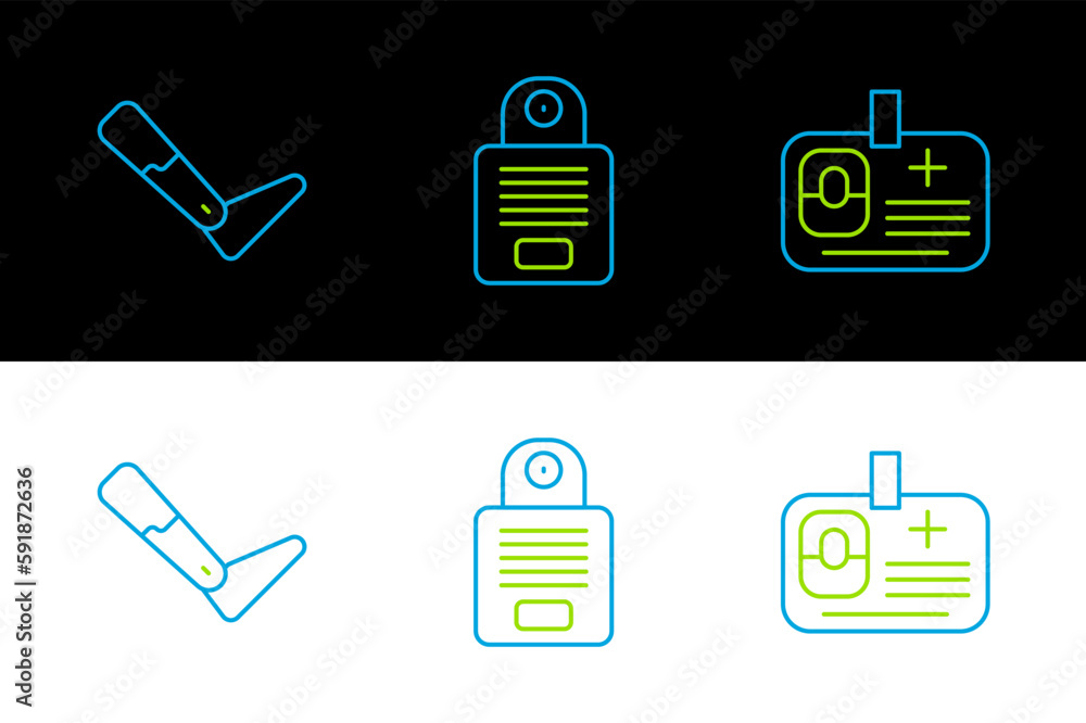 Poster set line identification badge, prosthesis leg and intercom icon. vector
