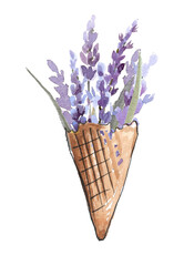 Ice cream cone with lavender flowers on a white background. hand drawn watercolor illustration