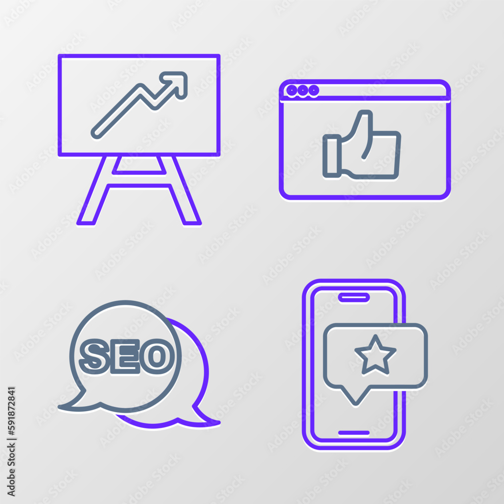 Poster set line mobile with review rating, seo optimization, customer product and board graph chart icon. v
