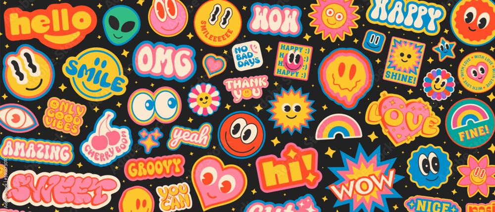 Aufkleber cool groovy stickers background. y2k patches collage. pop art illustration vector design. funky patt
